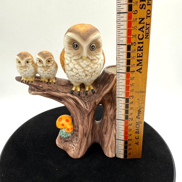 Vtg 70s Ardco Owl Family Bisque Porcelain Planter Bud Vase Tree Stump Mushroom - Picture 14 of 14